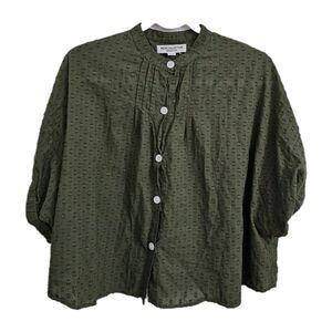 India Collection Emerson Fry Mandarin Collar Top OS Moss Organic Cotton Weave